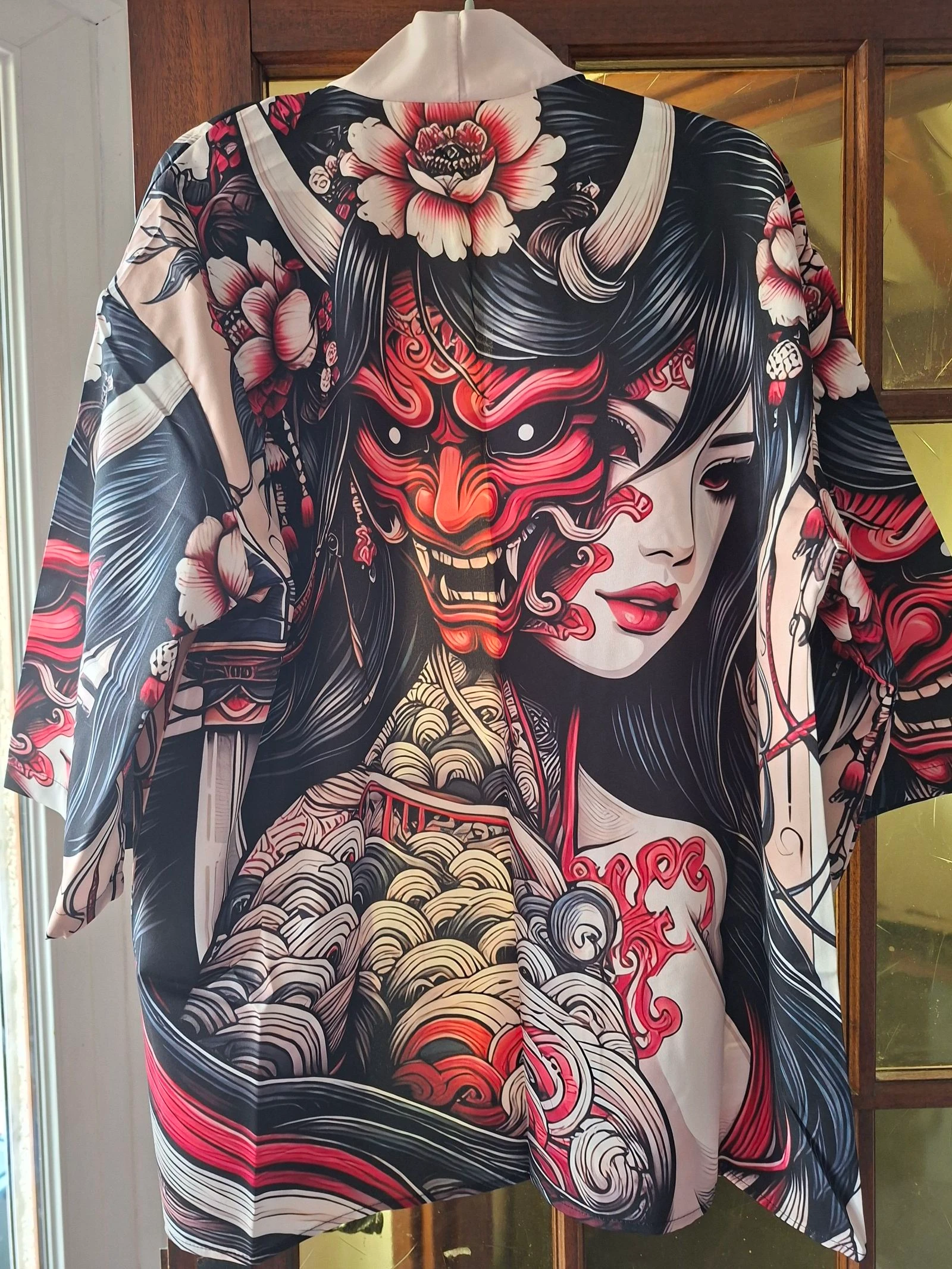 Kimono/chaqueta estilo japonés estampado Geisha y máscara Oni – Talla L – photo 6
